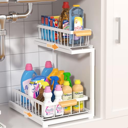 Under Sink Organizer 2 Tier, Pull Out Drawer Slides Under Sink Storage for Bathroom Kitchen,Multi-Purpose Drawer Under Cabinet Organizer for Cleaning Supplies (White, Large-1 Pack) - color: White, size: Large-1 Pack