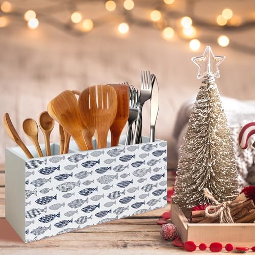 Fishing Decor, Coastal Beach Fish Pen Pencil Holder Organizer for Desk, Fishing Gifts, Blue Nautical Ocean Fishing Wooden Box Block Sign for Beach House Office Tabletop Decor - color: fish