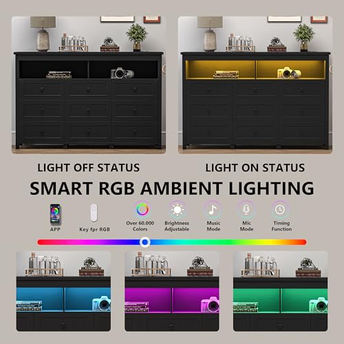 Dresser for Bedroom with 9 Drawers, Wide Modern Chest of Drawers with LED Light and Power Outlet, Wooden Closet Organizer Clothes Storage Cabinet, Double Dressers for Living Room, Hallway, Black - color: Black, size: 15.8"D x 59.1"W x 39.4"H (9 Drawers)