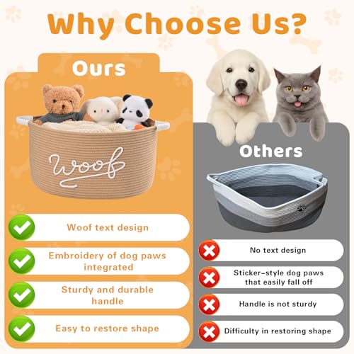 Woof Dog Toy Basket, Large Dog Toy Storage Bin with Durable Handles, Woven Dog Basket for Blankets, Toys, Chews, Pet Toy Storage Box for Nursery, Living Room, Bedroom, 17”x12”x9, Beige - color: Beige