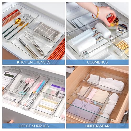 Ravinte 6 Pack Drawer Organizer - 3" X 6" Plastic Storage Bins, Acrylic Organizers with Non-Slip Pads Clear Desk Storage Tray for Makeup, Jewelries, Kitchen Utensils, Bathroom and Office - size: 3" x 6"