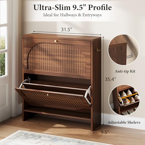 Nicetree Arch-Chic Shoe Cabinet for Entryway, Modern Mid-Century Shoe Storage Cabinet with Fluted, Narrow Shoe Rack with Adjustable Shelves & Tipping Protection, Fits Size 12 Shoes,Luminous Walnut - color: Luminous Walnut, style: 2 Flip Drawer - Fluted Ar