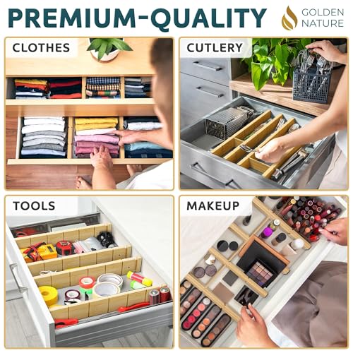 Bamboo Drawer Organizer - with Inserts & Labels, 17-22" - Adjustable Spring Loaded Kitchen Dividers for Utensils & Junk Storage - Expandable Silverware Separators for Organization