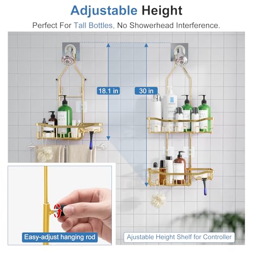 Shower Caddy, Extended Length Shower Organizer with Hooks, Rustproof Shampoo Soap Holder, Large Hanging Bathroom Caddy - color: Gold - 2 Tier - Standard