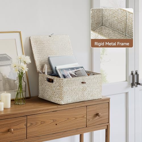 StorageWorks Wicker Baskets with Lid, Seagrass Storage Baskets for Shelves, Decorative Box with Built-in Handles,White - color: White(Seagrass), size: 15"L × 11"W × 7"H