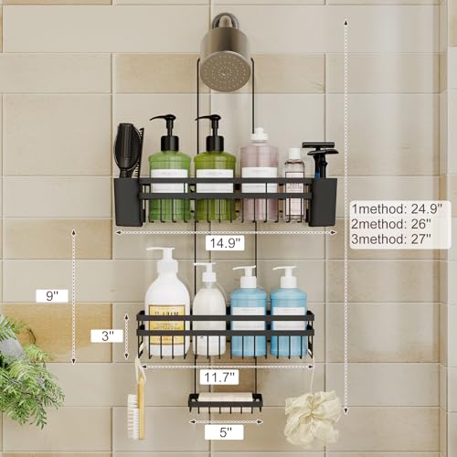 Shower Caddy Hanging for Bathroom Organizers and Storage,3 Tier Adjustable Anti-Swing Shower Organizer Hanging with Heavy-Duty Suction Cups, Damage-Free Rustproof (Black) - color: BLACK, size: regular