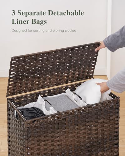 SETVSON Laundry Hamper with Lid 132 L, (35 Gallons) Clothes Hamper with Lid, Handwoven Rattan Laundry Hamper with Metal Heightened Feet, Laundry Hampers with 3 Removable Liner Bags for Laundry-Brown - color: Brown, size: 132 L - 35 gal