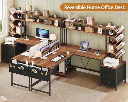 YOMILUVE L Shaped Desk with Hutch, Reversible Computer Desk with Drawers and Bookshelf, Home Office Desks with Storage Shelves for Bedroom Home Office, Brown and Black - color: Brown and Black