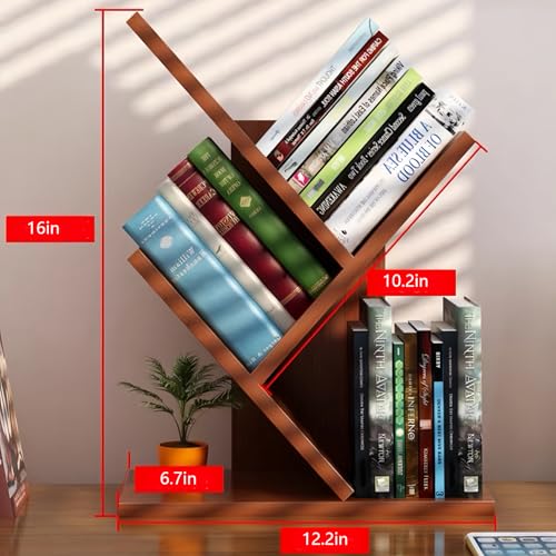 Godferyxin Tree Bookshelf,Small Bookshelf,3 Tier Wood Mini Book Shelf and Book Tree for Office, Home or School Desktop Book Shelf for for Displaying Books, CDs, Magazines Wood Storage Rack - color: 3-tier-teak Color