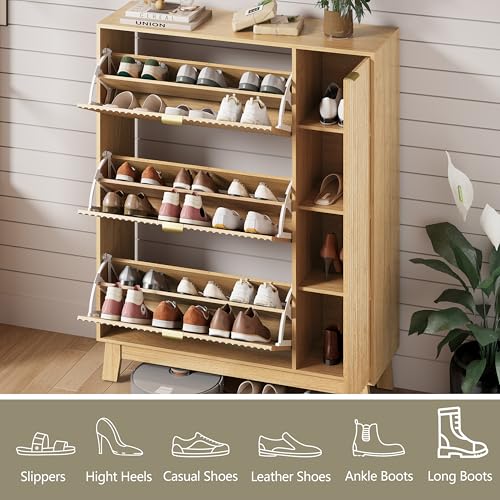 Shoe Cabinet Storage for Entryway with 3 Flip Drawers & Side Cabinet, Fluted Narrow Shoe Organizer with Wooden Leg, Freestanding Shoe Storage Hidden Shoe Rack Organizer for Front Door Entrance, Oak - color: Oak, size: 3 Drawer with Door