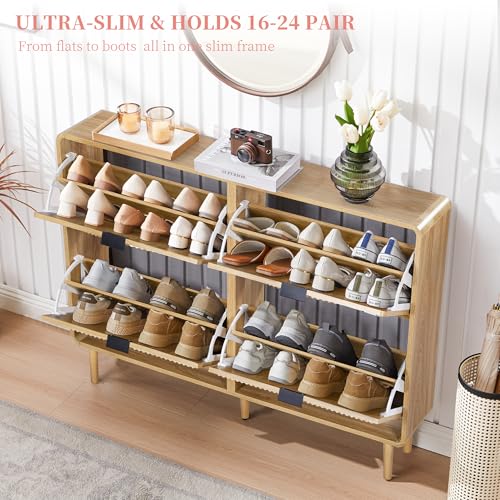 Turtle&Myrtle Narrow Fluted Shoe Cabinet for Entryway, Slim Hidden Shoe Rack, Wooden Freestanding Shoe Storage Organizer with 4 Flip Drawers, Hallway, Living Room, Foyer (Natural) - color: Natural-4 Flip Drawers