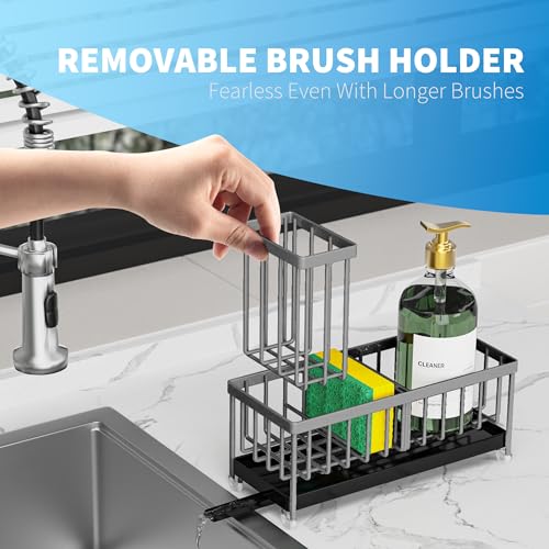 Cisily Sponge Holder for Kitchen Sink, Sink Caddy Organizer with High Brush Holder, Kitchen Countertop Organizers and Storage Essentials, Rustproof 304 Stainless Steel (Dark Grey, 9.25″) - color: Dark Grey