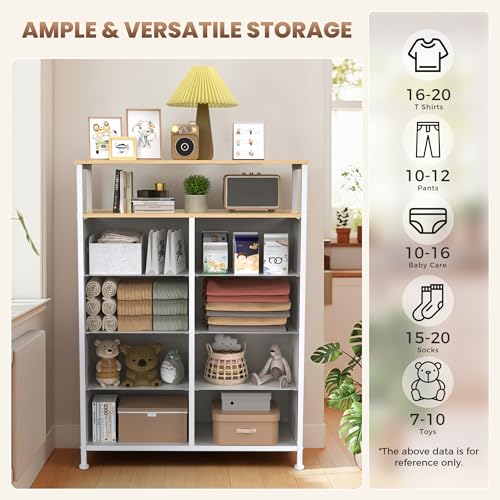DUMOS Fabric Dresser for Bedroom with 8 Drawers, Tall 8-Drawer Chest of Drawers with Raised Shelf, Storage Tower with Fabric Bins for Closet Organization, Hallway Storage, Light Grey - color: Light Grey, size: 31.5"D x 45.9"W x 11.8"H (8 Drawers)