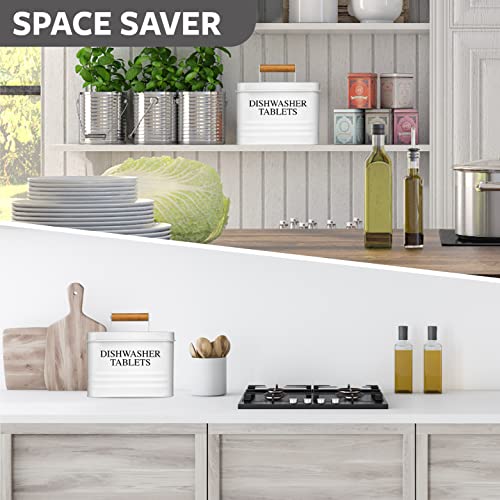 Calindiana Modern Farmhouse Metal Dishwasher Pods Container Holder with Lid for Kitchen Organization and Storage, Kitchen Essentials Decor Accessories, White - color: White