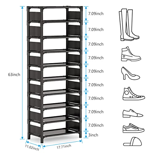 Shoe Rack - 10 Tiers Shoe Organizer with Detachable Fabric Shelves & Metal Frame, Up to 20-25 Pairs Narrow Tall Shoe Rack for Closet, Entryway, 17.7" x 11.0" x 63" - color: Black-11"d X 17.7"w