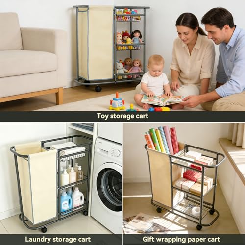 Narrow Laundry Cart with Wheels,3 Baskets and 45L Laundry Bag Metal Rolling Cart for Small Space,Laundry Room Organization and Storage for Bathroom Living Room Apartment Dorm