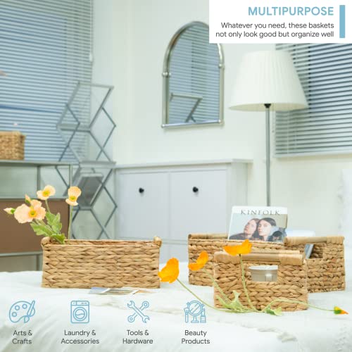 VATIMA Hyacinth Wicker Basket Set 3 size - Rectangular, Wooden Handles, Shelf Organizer, Natural Bins - color: Water Hyacinth, size: Set of 3 (Small, Medium, Large)