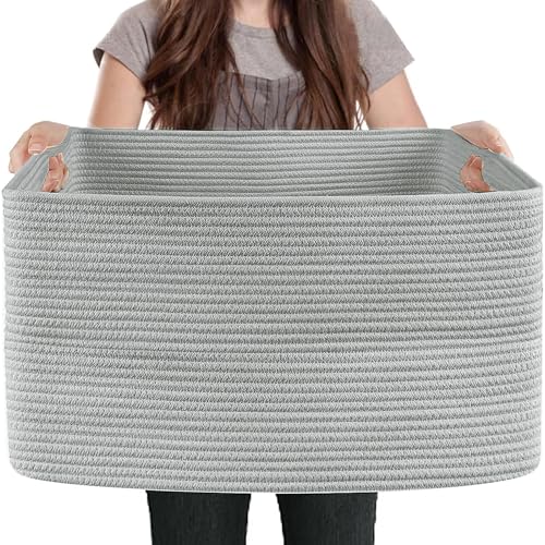 MEGASKET Extra Large Rectangle Storage Basket, 23.6" x 17" x 12" Gray Blanket Storage for Living Room, Large Soft Woven Cotton Rope Bin for Organizing, Kids Dog Wicker Toy Box Organizer - color: Gray, size: 23.6"x17"x12