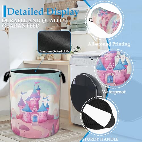 Pink Castle Large Storage Basket Collapsible Laundry Basket Oxford Storage Bin for Toy Bins Gift Baskets Bedroom Clothes Children Nursery Hamper 16" X 20.8" - color: Pink Castle