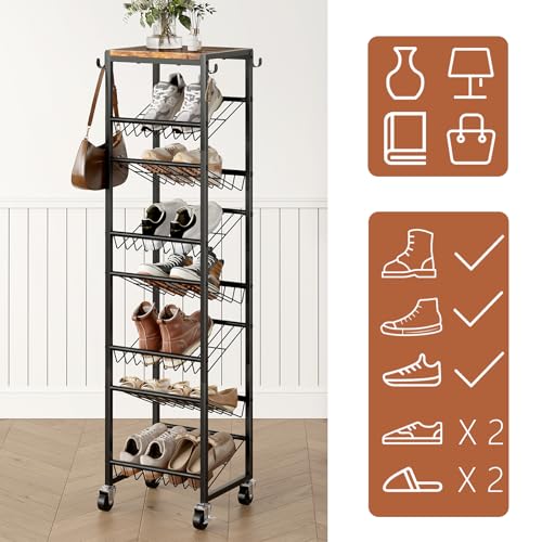 8 Tier Rotating Vertical Shoe Rack Tower, Wooden Tall Shoe Storage Organizer with Hooks, Sturdy Metal Narrow Shoe Shelf for 8-16 Pairs, Space Saving Rack for Closet Entryway, Rustic Brown - size: 8-tier(13.9 × 11.2 × 52.0)