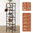 8 Tier Rotating Vertical Shoe Rack Tower, Wooden Tall Shoe Storage Organizer with Hooks, Sturdy Metal Narrow Shoe Shelf for 8-16 Pairs, Space Saving Rack for Closet Entryway, Rustic Brown - size: 8-tier(13.9 × 11.2 × 52.0)