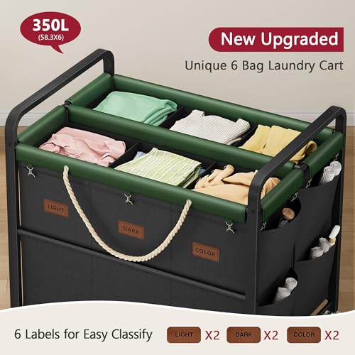 Tajsoon 350L Extra Large Laundry Sorter 6 Section, Heavy Duty Laundry Basket with Lockable Wheels, Laundry Cart with Sturdy Metal Frame, Leather Patchwork Laundry Separated with Removable Bags, Black - color: Black, size: 6 Bag 350L