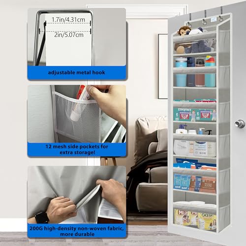 over the door organizer, Solid Bamboo Board (Not Plastic!) 6-Tier Heavy Duty 75LB, 12 Side Pockets, 3 Reinforced Hooks & Anti-Slip Pads, Waterproof & Washable, No Sagging, No Door Damage,Grey - color: over door organizer-Grey