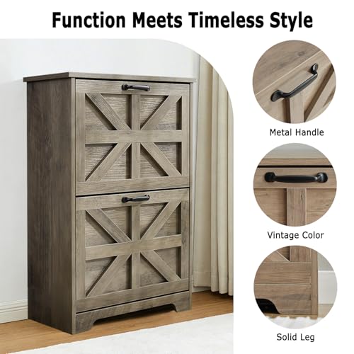 Shoe Storage Cabinet with 2 Flip Drawers, Farmhouse Shoe Organizer with Barn Door Design, Space-Saving Hidden Narrow Shoe Rack Cabinet for Entryway, Hallway & Foyer, Grey - color: Grey, size: 2 pcs-2 Flip Drawers