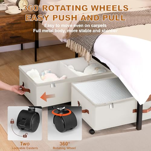 Under Bed Storage Containers with Wheels 9.5 inches Higher Under Bed Storage XXXL Underbed Shoes Blankets Clothes Storage Organizer 2 Pack Under the Bed Storage for College Dorms Bedroom Nursery Rooms - color: Beige