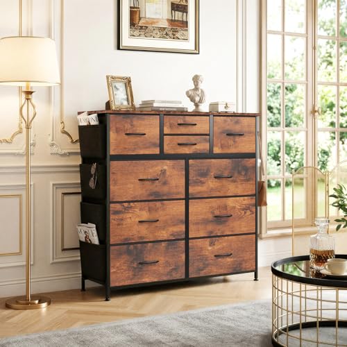 Dresser for Bedroom with Side Pockets and Hooks, 10 Drawers Storage Organizer Chest of Drawers, Sturdy Metal Frame for Living Room, Hallway, Closet, Brown - color: Brown