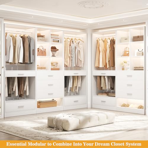 Homieasy Closet System Organizer of 3 sets, Wardrobe Closet with 5 Drawers and Partition Storage, 2 Pants Rack, 2 Hanging Rods, Freestanding Closet Organizer for Bedroom & Walk-in Closets, White