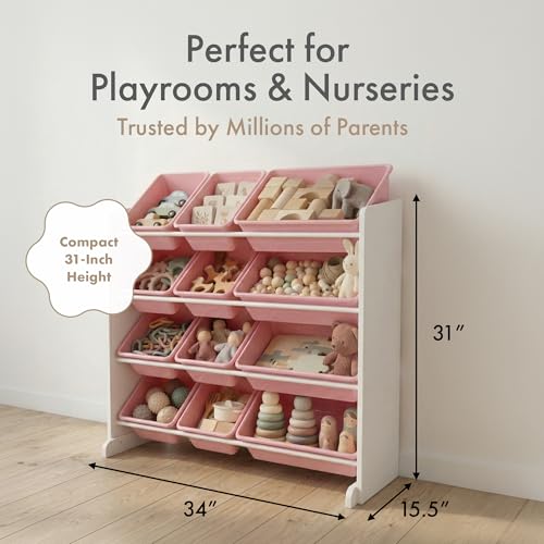 Humble Crew Toy Storage Organizer with 12 Removable Storage Bins for Kids Playroom, 4-Tier Toddler Toy Organization, White/Pink - color: White/Pink