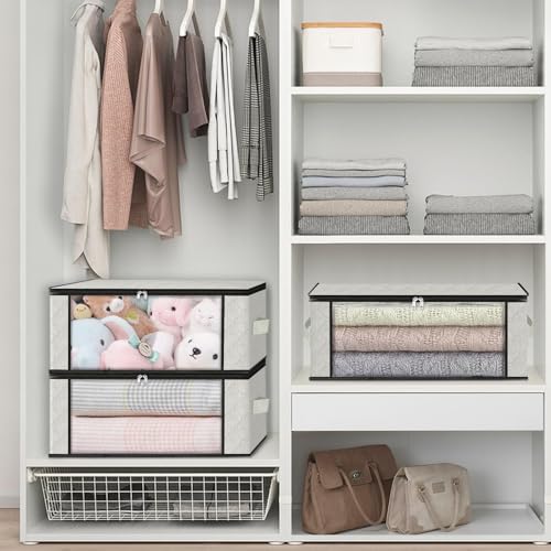 HomeHacks Storage 3-Pack Clothes Organizer Storage Bags Foldable Storage Box with Large Clear Window Sturdy Handles for Closet, Dorm, Pillows, Bedding, Clothes, Blankets, 35L, Ivory - color: Ivory