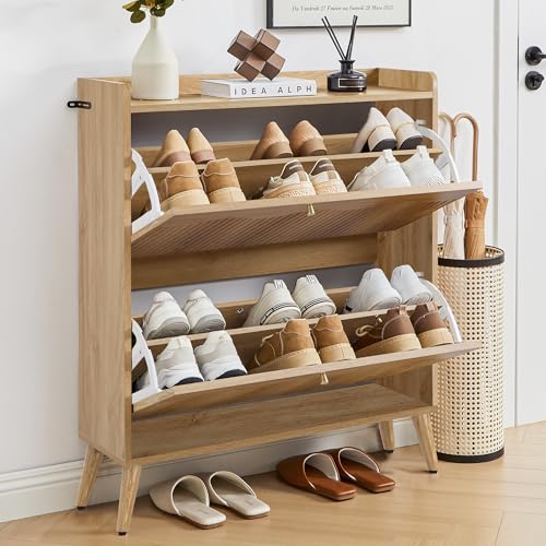 Bifins Shoe Storage Cabinet with 2 Flip Doors, 31.5" Narrow Fluted Design for Space Saving, Freestanding Entryway Shoe Organizer for Hallway & Living Room (Natural Oak 2 Drawer) - color: Natural Oak 2 Drawer