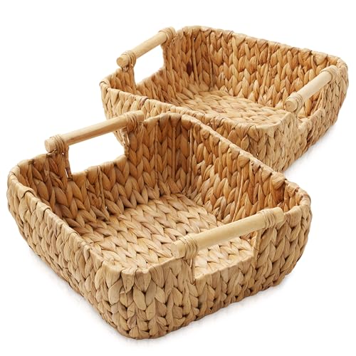 Casafield Set of 2 Water Hyacinth Oval Storage Baskets with Wooden Handles - Small, Woven Bin Organizers - color: Natural - Hyacinth, size: Set of 2 - Small
