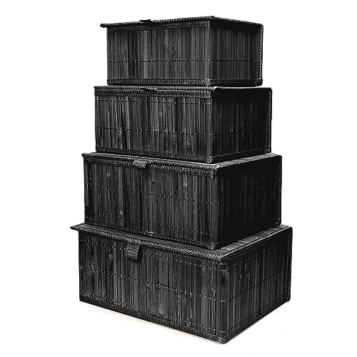 Wicker Basket With Lid Bamboo Storage Box for Shelf Bamboo Decor Storage Boxes With Lids-Rectangle Decorative Basket With Lid Organizer for Bedroom,Living Room (Set of 4,black) - color: Black