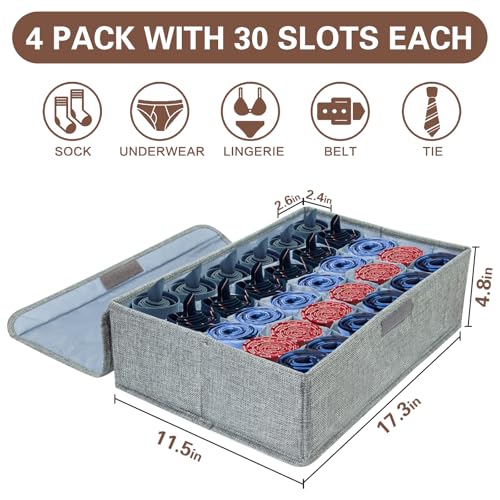 PINGMIC Gray Sock Organizer Divider 4 Pack with Lid - 30 Cell Foldable Closet Storage, Tie Organizer For Men Boxes for Socks, Ties, Belts - color: 4PACK