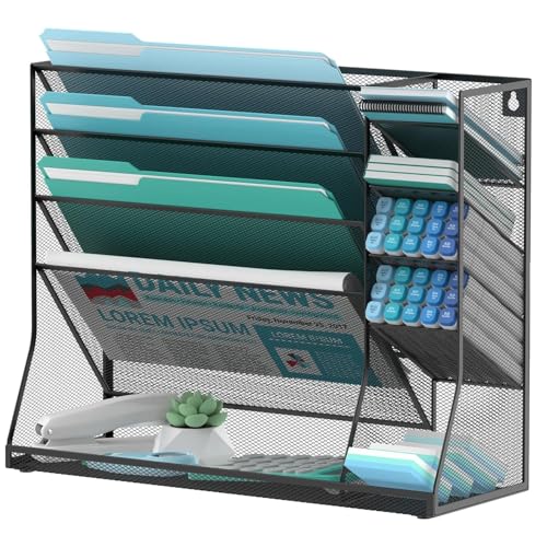 Wall File Organizer, 5-Tier Wall Organizer for Office with 4 Pen Slots, Vertical Hanging File Folder Holder with R-shaped Bottom Tray, Mesh Mail Holder Desk Organization for Workspace, Black - color: Black