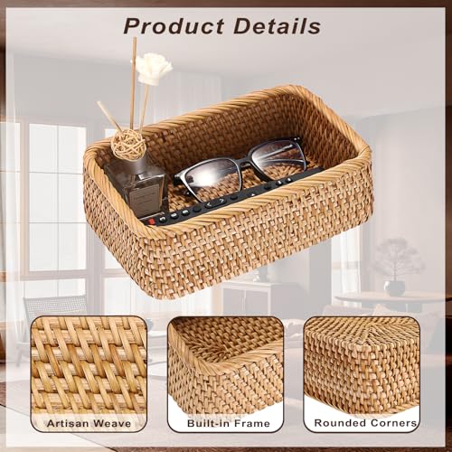 BTSKY Small Remote Basket for Coffee Table Entryway Living Room Rattan Serving Tray 9.6'' x 6.5'' Handwoven Wicker Baskets Decorative Tray for Wallet Remote Control Trinkets Rings Cosmetics Crackers - size: 9.6'' X 6.5'' X 3.1''