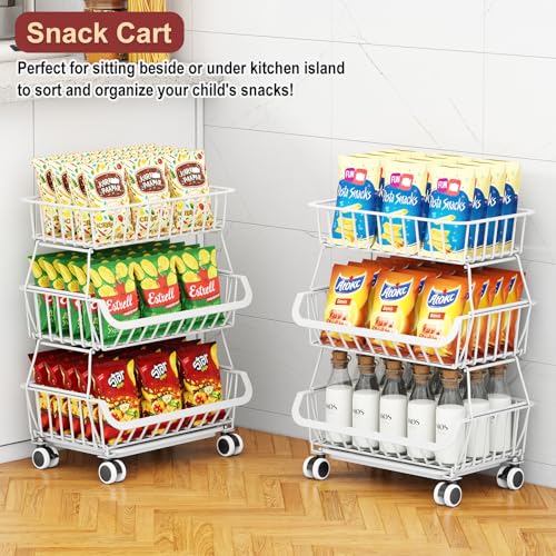 3-Tier Rolling Pantry Cart with Wheels, Stackable Wire Storage Floor Organizer for Kitchen Pantry Snack Shelves, Fruit Basket Stand, Vegetable Storage Rack for Food Snacks Onion Potato, White - color: 3 Tier-white (1 Pack)