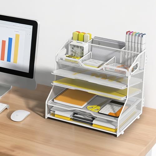 YINGHUA 5 Tier Paper Tray Letter Organizer with Top 6 Adjustable Compartments - Paper Sorter Office Desktop Accessories with Handles for Document,Mail,School Supplies Storage,White - color: 5 Tier-white