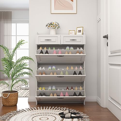 Lakifun Narrow Shoe Organizer Cabinet with 3 Large Flip Drawers & 2 Storage Drawers - Slim Shoe Storage for Entryway, Hallway, Bedroom, Apartment, White - color: Lvory White