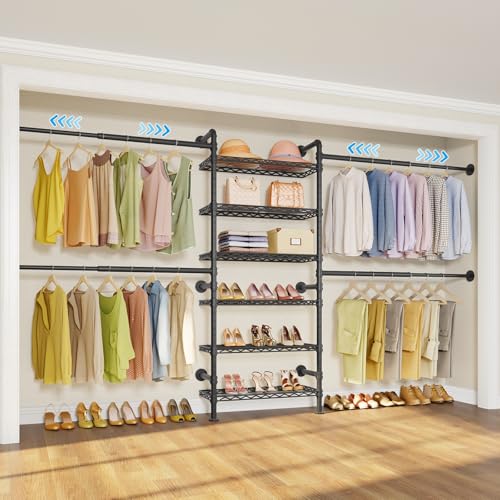 Timate S3X Expandable Wall Mounted Closet System, Heavy Duty Clothes Rack with 6 Adjustable Metal Shelves & 4 Hanger Rods, Closet Organizers and Storage Fits Spaces 5'11"- 8'10", Black - color: Black, size: S3X