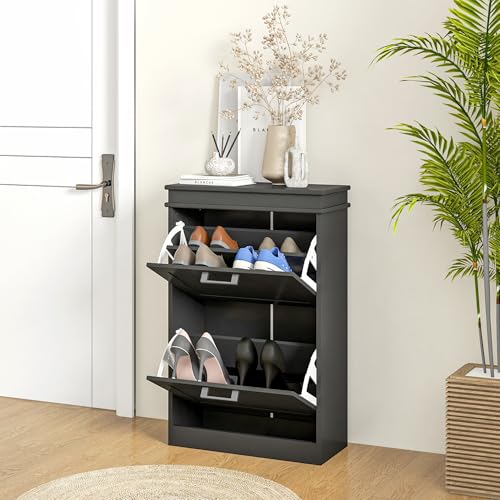 HOMCOM Narrow Shoe Cabinet with 2 Flip Drawers, Modern Freestanding Shoe Storage Cabinet with Adjustable Shelves for Entryway, Hallway, Black - color: Black
