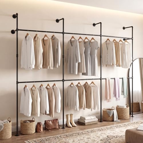 Giantex Industrial Pipe Clothing Rack, 118" Wall Mounted Heavy-Duty Metal Garment Organizer with 6 Hanging Rods, 2-Tier Walk-in Closet System for Wardrobe Closet, Retail Display - size: 118 Inches