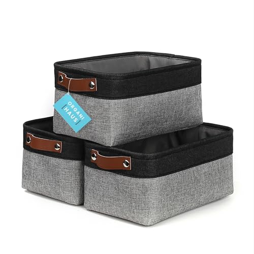 OrganiHaus Small Fabric Storage Baskets 3 Pack, 12x8in Cloth Storage Bins for Shelves, Small Baskets for Organizing Pantry Closet, Canvas Shelf Baskets, Gray/Black - color: Gray / Black, size: Small - 3pc
