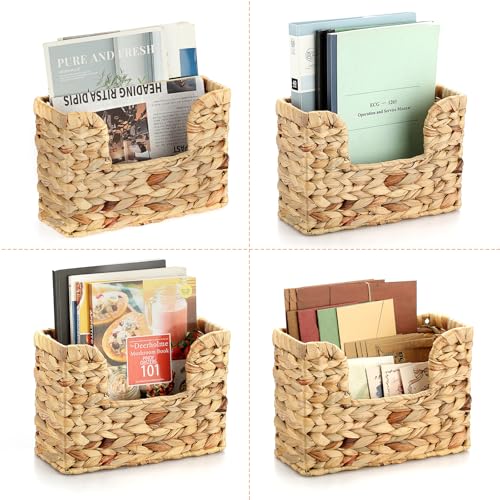 BTSKY Woven Hanging Magazine Holder, Water Hyacinth Magazine Basket, Wall Mounted Storage Basket for Books & Files, Wall File Organizer Magazine Rack with Handle for Home & Office - 11.8x4.3x7.9 Inch