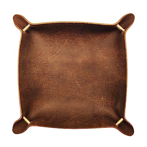 Leather Valet Tray Entryway Catchcall Tray Nightstand Organizer Storage for Wallets Watches Keys Holder Dish Bowl Coins Office Desk Accessory (Antique Brown-Oil Wax Leather). - color: Antique Brown-oil Wax Leather