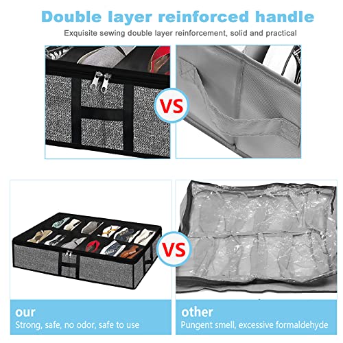 Under Bed Shoe Organizer Storage for Closet 2 Pack- Fits 24 Pairs Underbed Shoes Container Boxes with H Shap Sturdy Handles and Clear Window,Foldable Shoe Rack Holder,Black - color: Black-24pairs, style: H-Handle