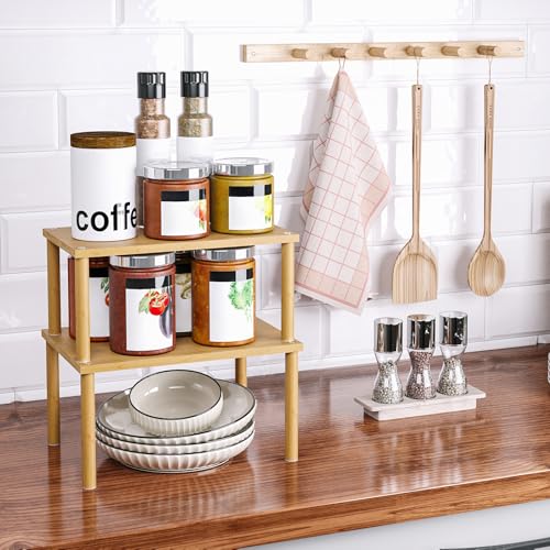 VERTORGAN Cabinet Organizer Shelf(Set of 2),Kitchen Counter Shelves,Bamboo Stackable Expandable Spice Rack Countertop(Medium) - color: Natural, size: 11.8"W